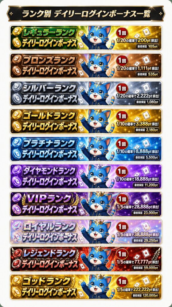 みんなのトレカの全10ランクのデイリーログインボーナス一覧
